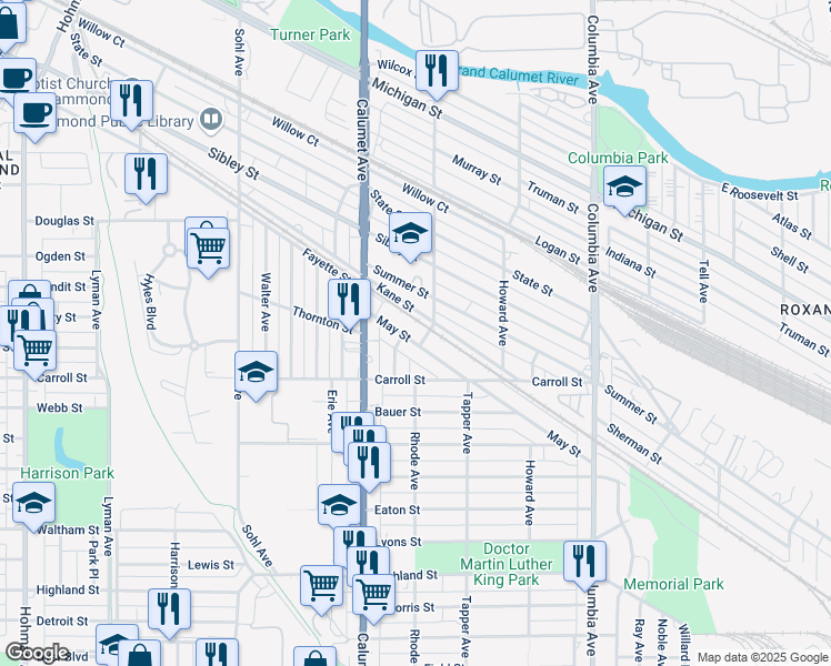 map of restaurants, bars, coffee shops, grocery stores, and more near 845 May St in Hammond