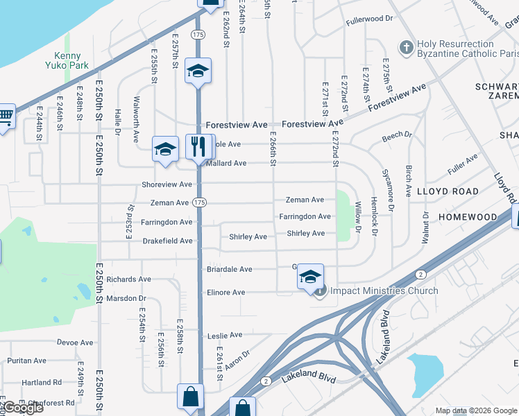 map of restaurants, bars, coffee shops, grocery stores, and more near 26450 Zeman Avenue in Euclid