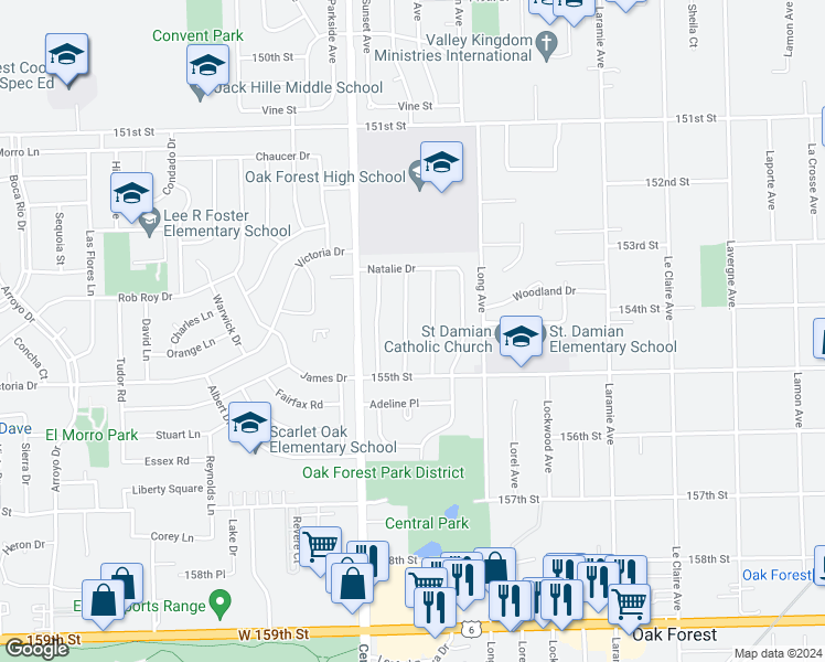 map of restaurants, bars, coffee shops, grocery stores, and more near 15423 Betty Ann Lane in Oak Forest