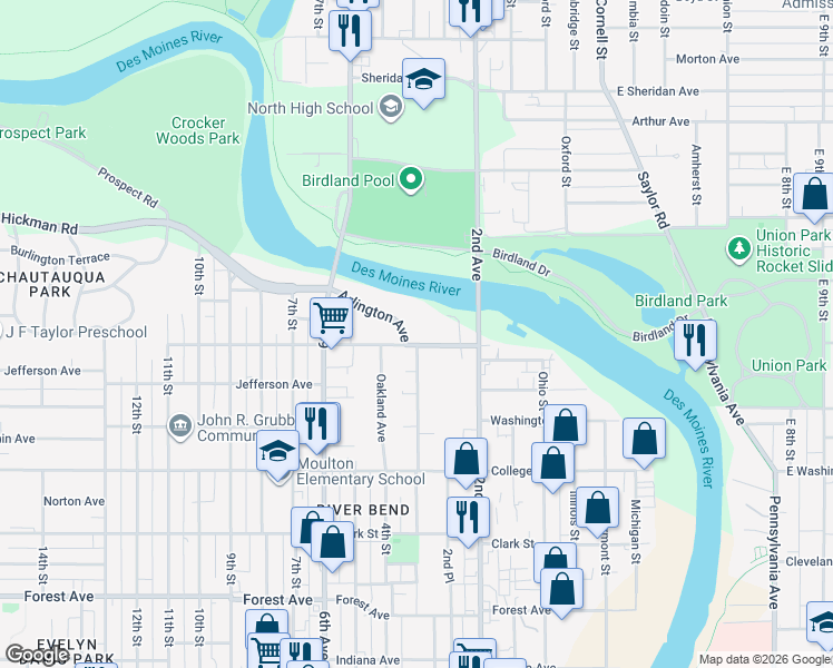 map of restaurants, bars, coffee shops, grocery stores, and more near 253 Franklin Avenue in Des Moines