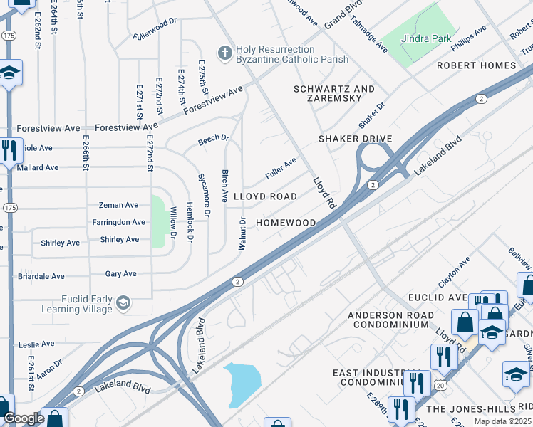 map of restaurants, bars, coffee shops, grocery stores, and more near 29017 Weber Avenue in Wickliffe