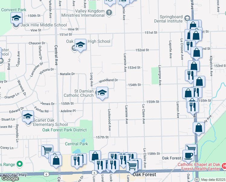 map of restaurants, bars, coffee shops, grocery stores, and more near 5237A Diamond Drive in Oak Forest