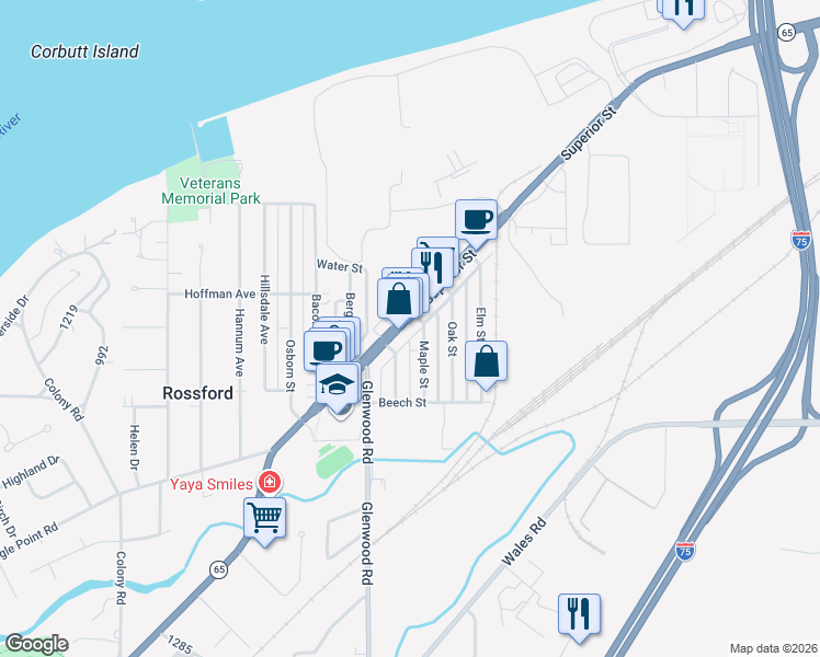map of restaurants, bars, coffee shops, grocery stores, and more near 411 Superior Street in Rossford