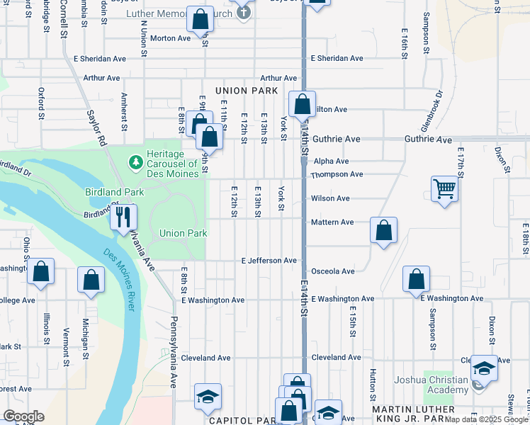 map of restaurants, bars, coffee shops, grocery stores, and more near 1903 East 13th Street in Des Moines