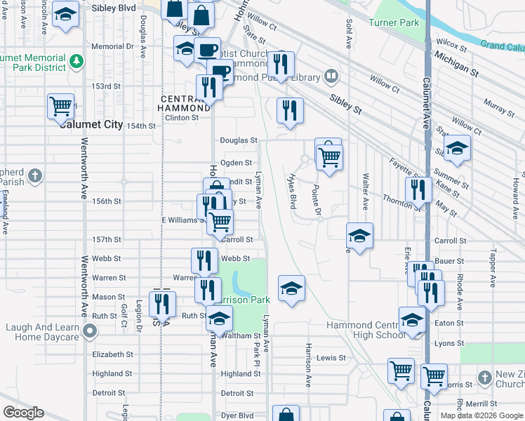 map of restaurants, bars, coffee shops, grocery stores, and more near 5604 Lyman Avenue in Hammond