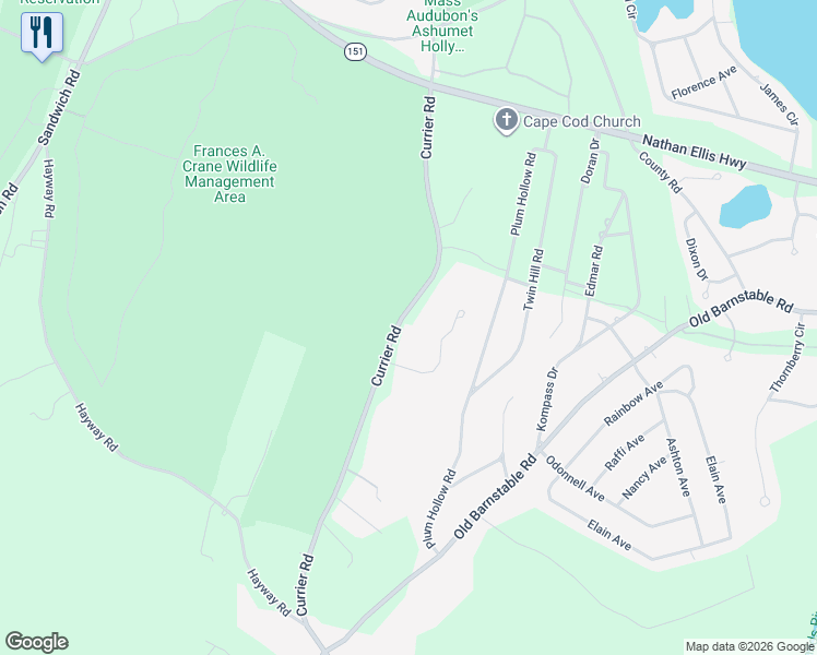 map of restaurants, bars, coffee shops, grocery stores, and more near 171 Currier Road in Falmouth