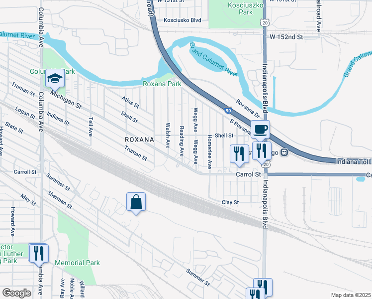 map of restaurants, bars, coffee shops, grocery stores, and more near 5621 Reading Avenue in East Chicago