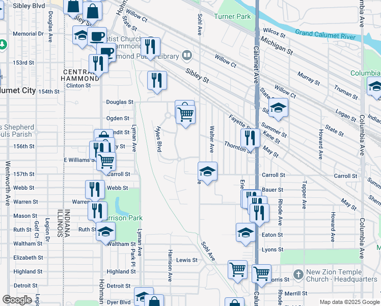 map of restaurants, bars, coffee shops, grocery stores, and more near 499 Hyles Court in Hammond