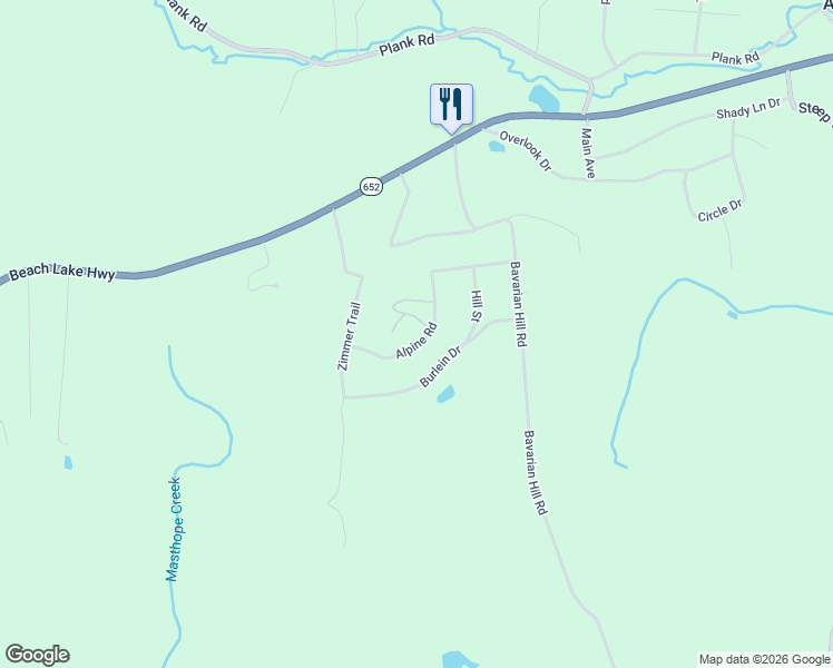 map of restaurants, bars, coffee shops, grocery stores, and more near Alpin Rd in Beach Lake