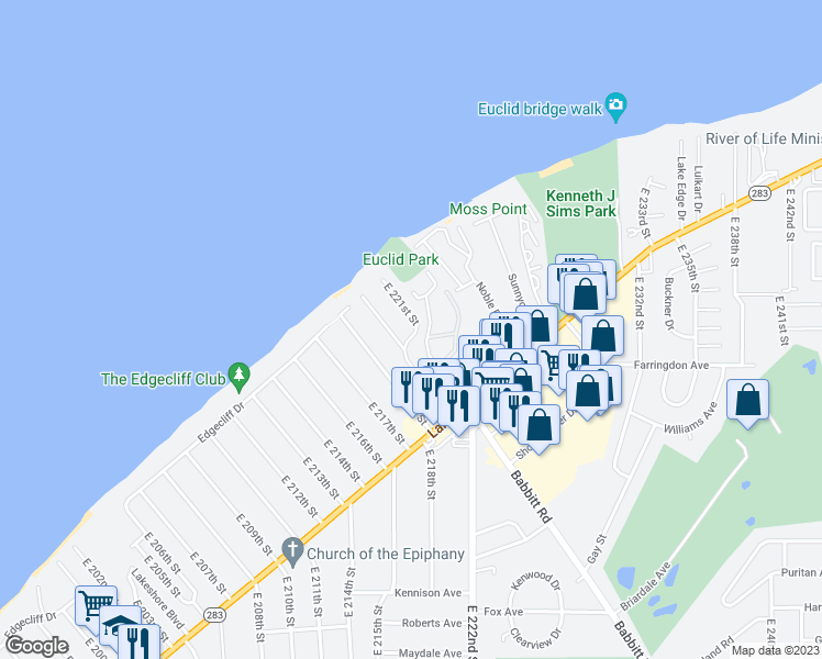 map of restaurants, bars, coffee shops, grocery stores, and more near 80 East 221st Street in Euclid