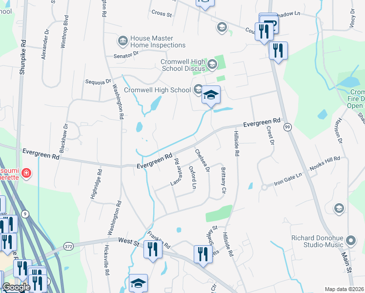 map of restaurants, bars, coffee shops, grocery stores, and more near 56 Evergreen Road in Cromwell