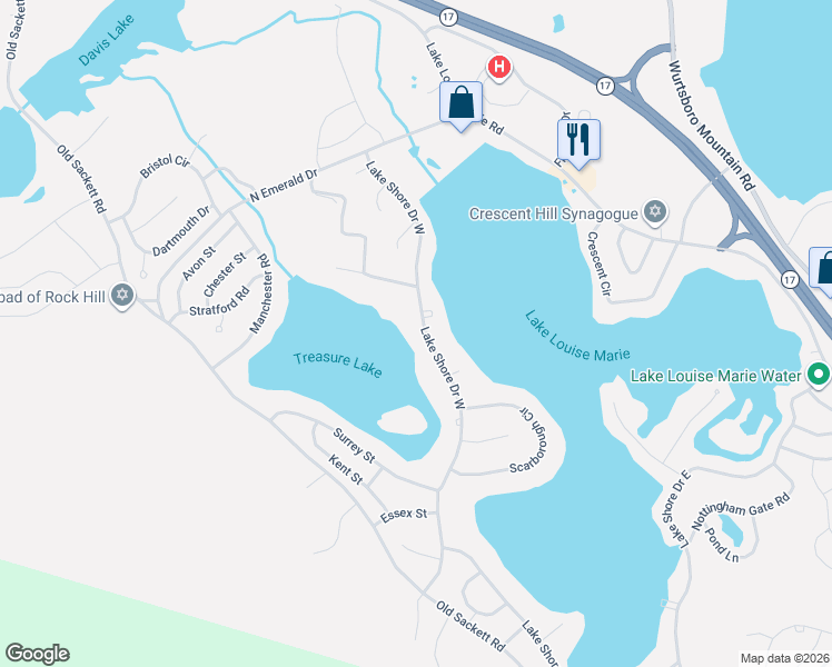 map of restaurants, bars, coffee shops, grocery stores, and more near 119 Lake Shore Drive West in Rock Hill
