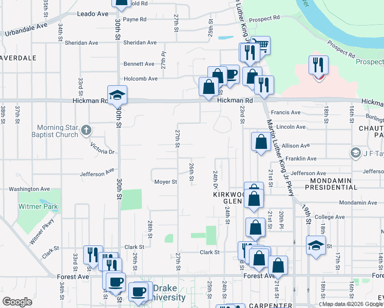 map of restaurants, bars, coffee shops, grocery stores, and more near 2523 Franklin Avenue in Des Moines