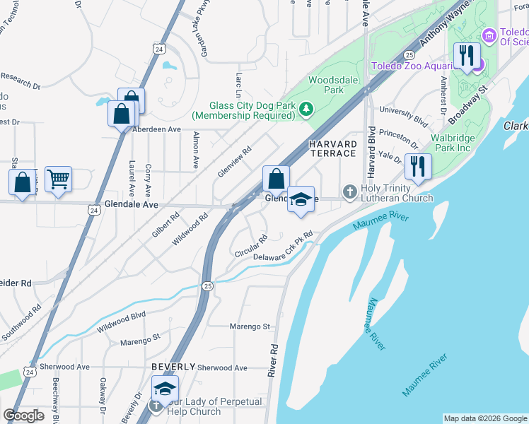 map of restaurants, bars, coffee shops, grocery stores, and more near 1610 Circular Road in Toledo