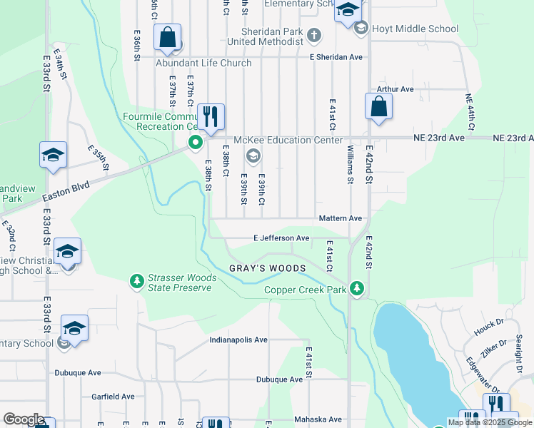map of restaurants, bars, coffee shops, grocery stores, and more near 1901 East 39th Court in Des Moines