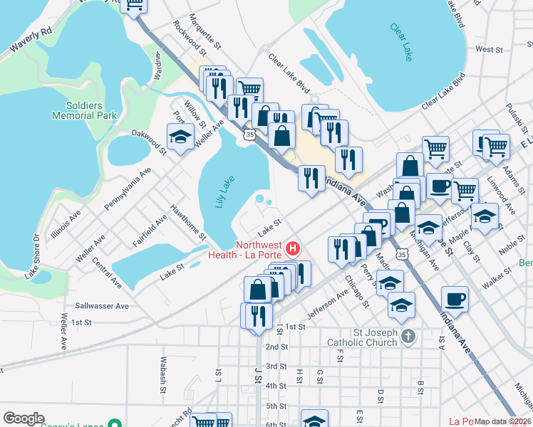 map of restaurants, bars, coffee shops, grocery stores, and more near 1119 Lake Street in La Porte
