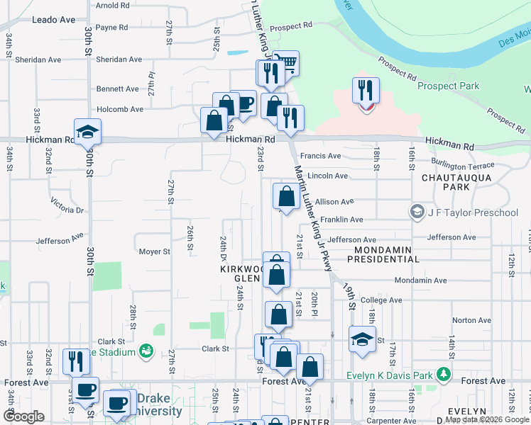 map of restaurants, bars, coffee shops, grocery stores, and more near 1901 23rd Street in Des Moines