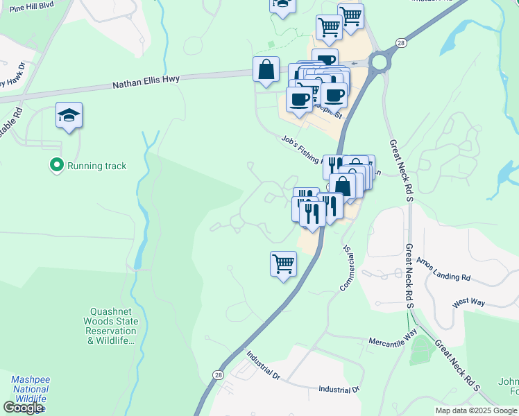 map of restaurants, bars, coffee shops, grocery stores, and more near 661 Falmouth Road in Mashpee