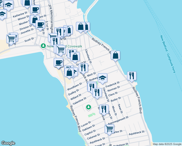map of restaurants, bars, coffee shops, grocery stores, and more near 110 Mott Street in New Bedford