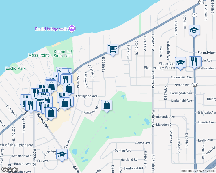 map of restaurants, bars, coffee shops, grocery stores, and more near 321 East 238th Street in Euclid