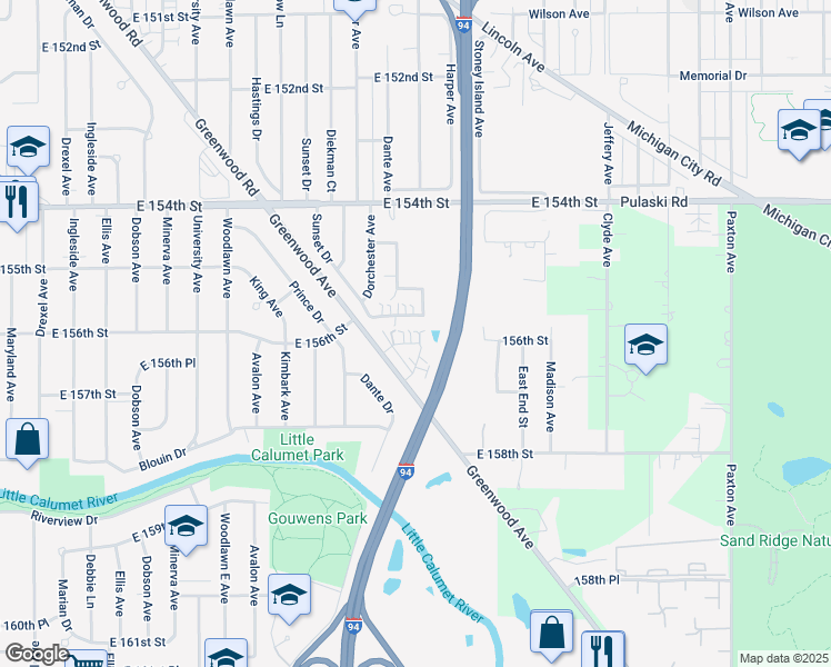 map of restaurants, bars, coffee shops, grocery stores, and more near 1449 Berg Drive in Dolton