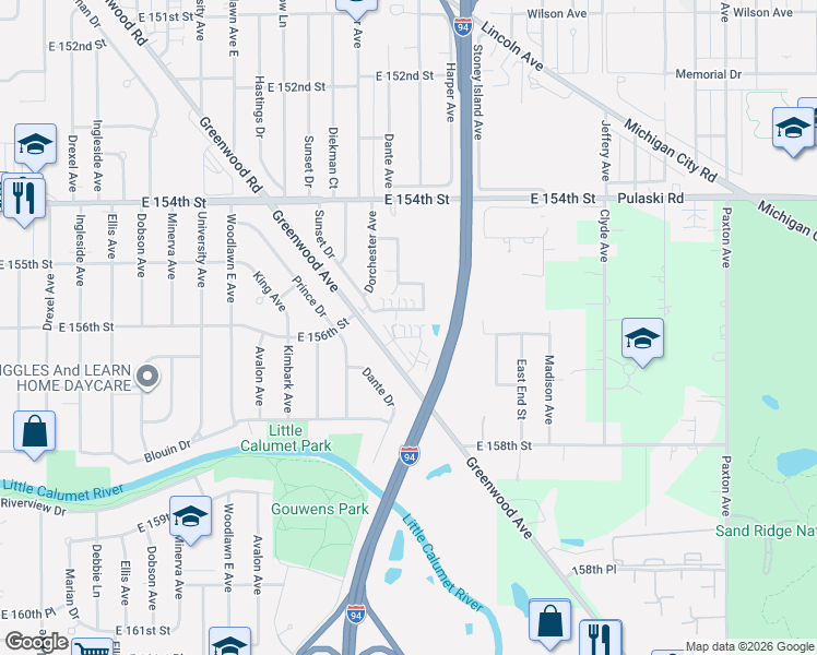 map of restaurants, bars, coffee shops, grocery stores, and more near 1449 Berg Drive in Dolton