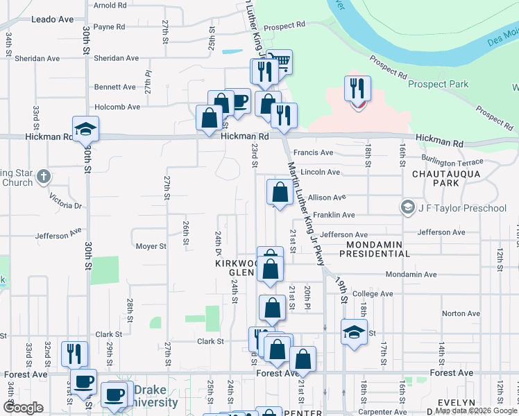 map of restaurants, bars, coffee shops, grocery stores, and more near 1901 23rd Street in Des Moines