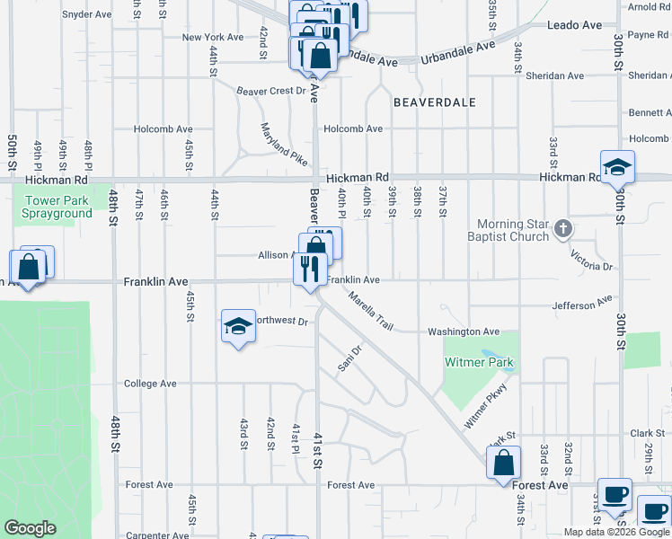 map of restaurants, bars, coffee shops, grocery stores, and more near 4025 Franklin Avenue in Des Moines