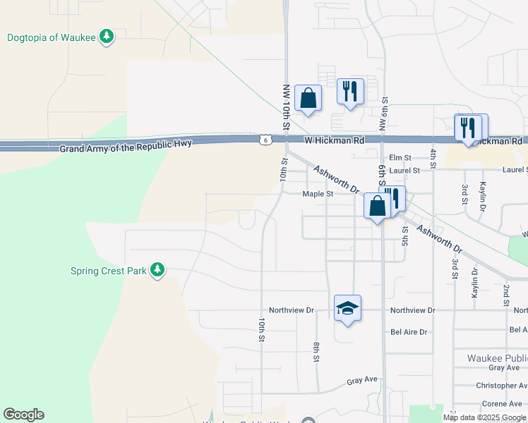 map of restaurants, bars, coffee shops, grocery stores, and more near 413 Spring Crest Lane in Waukee