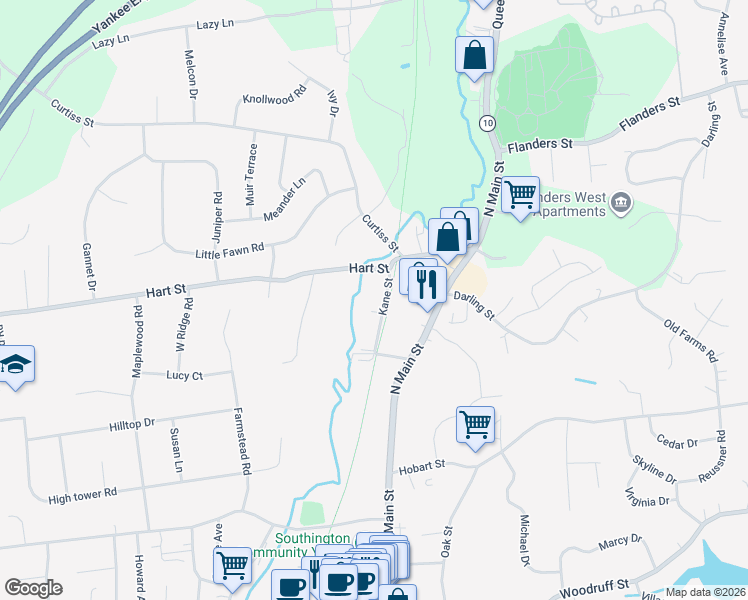 map of restaurants, bars, coffee shops, grocery stores, and more near 74 Kane Street in Southington