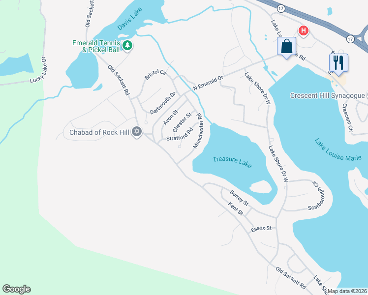 map of restaurants, bars, coffee shops, grocery stores, and more near 13 Danbury Court in Rock Hill