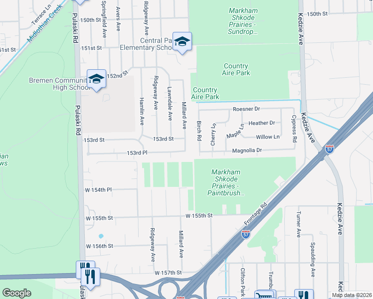 map of restaurants, bars, coffee shops, grocery stores, and more near 3621 West 155th Street in Markham