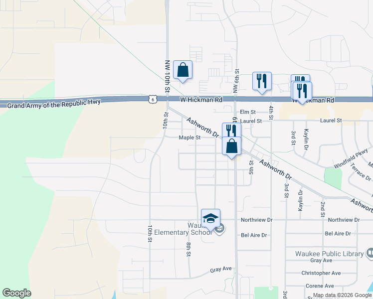 map of restaurants, bars, coffee shops, grocery stores, and more near 825 Walnut Street in Waukee