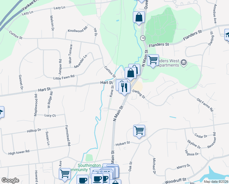map of restaurants, bars, coffee shops, grocery stores, and more near 76 Kane Street in Southington