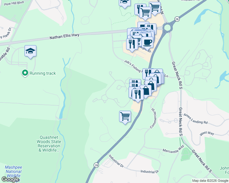 map of restaurants, bars, coffee shops, grocery stores, and more near 661 Falmouth Road in Mashpee