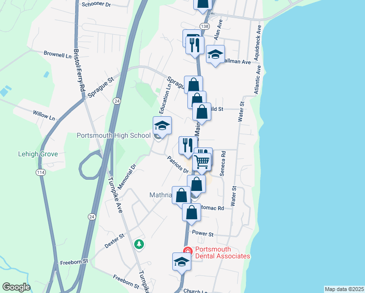 map of restaurants, bars, coffee shops, grocery stores, and more near 3044 East Main Road in Portsmouth