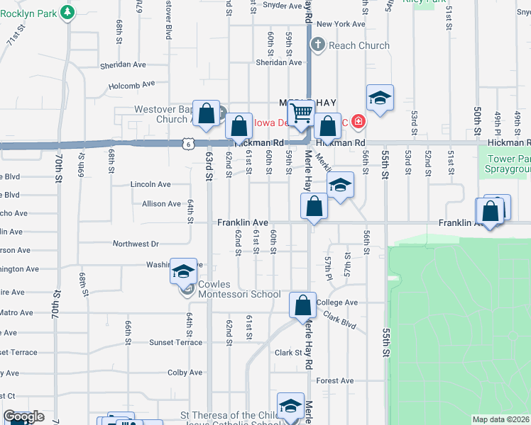 map of restaurants, bars, coffee shops, grocery stores, and more near 6007 Franklin Avenue in Des Moines