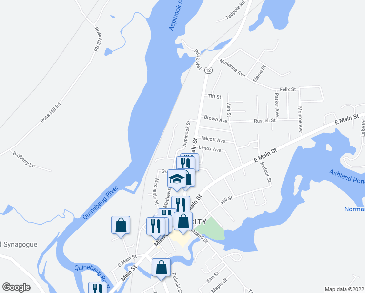 map of restaurants, bars, coffee shops, grocery stores, and more near 12 Aspinook Street in Griswold