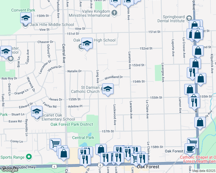 map of restaurants, bars, coffee shops, grocery stores, and more near 5335A Diamond Drive in Oak Forest