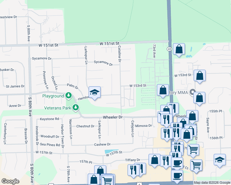 map of restaurants, bars, coffee shops, grocery stores, and more near 7516 Hemlock Drive in Orland Park