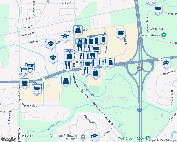 map of restaurants, bars, coffee shops, grocery stores, and more near 6635 Airport Highway in Holland