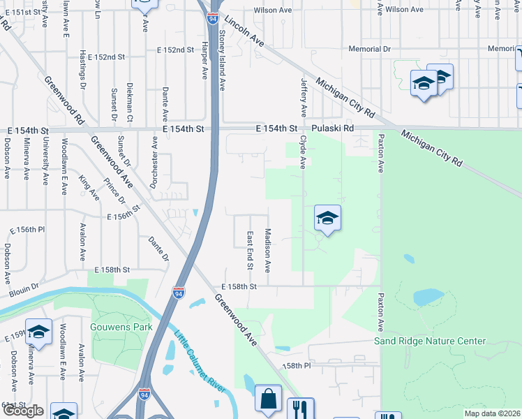 map of restaurants, bars, coffee shops, grocery stores, and more near 1712 156th Street in Dolton