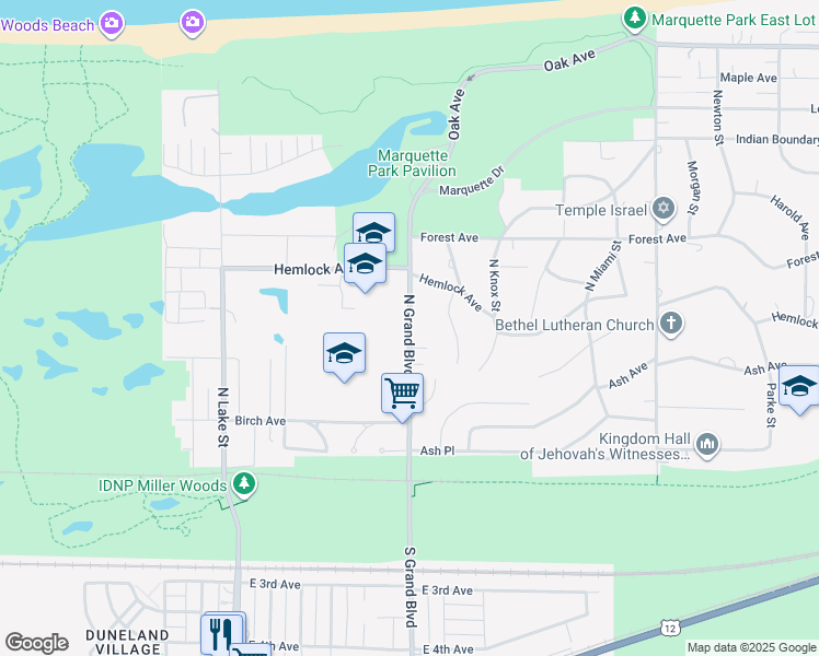 map of restaurants, bars, coffee shops, grocery stores, and more near North Grand Boulevard in Gary