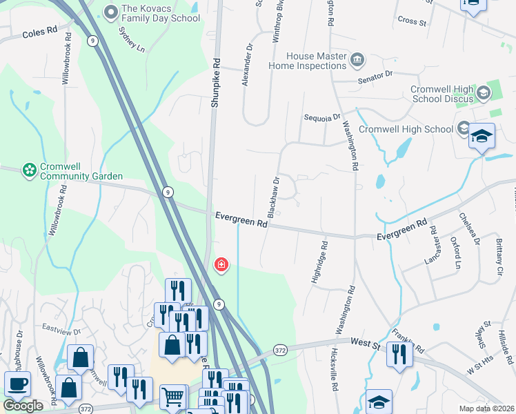 map of restaurants, bars, coffee shops, grocery stores, and more near 3 Copper Knoll Lane in Cromwell