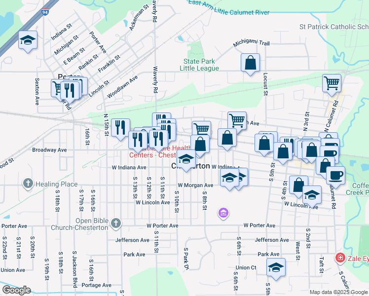 map of restaurants, bars, coffee shops, grocery stores, and more near 910 Broadway in Chesterton