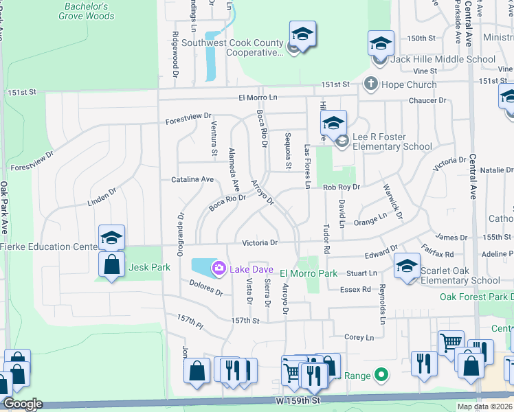 map of restaurants, bars, coffee shops, grocery stores, and more near 6114 Rob Roy Drive in Oak Forest