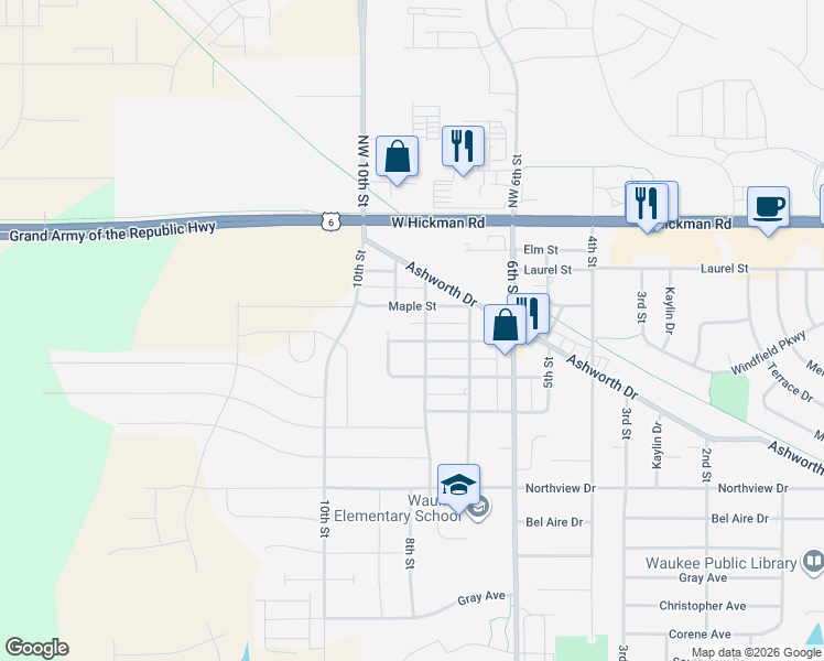map of restaurants, bars, coffee shops, grocery stores, and more near 825 Walnut St in Waukee