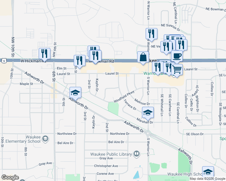 map of restaurants, bars, coffee shops, grocery stores, and more near 185 Cari Circle in Waukee