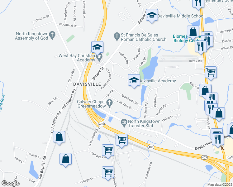 map of restaurants, bars, coffee shops, grocery stores, and more near 156 Brookside Drive in North Kingstown