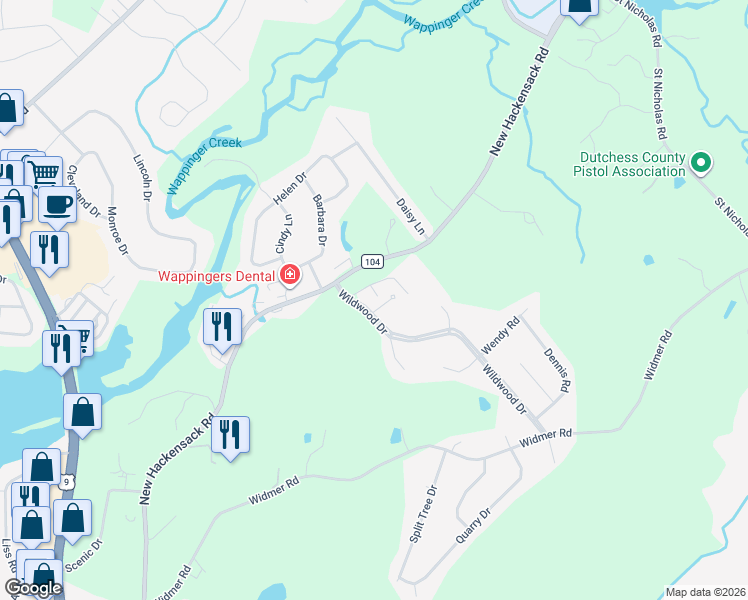 map of restaurants, bars, coffee shops, grocery stores, and more near 5 Wildwood Drive in Wappingers Falls